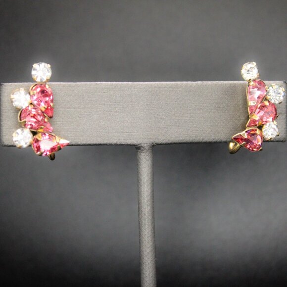 Vintage 1/20 12k Gold Filled Star Art Pink White Rhinestone Screw Back Earrings - Picture 7 of 11